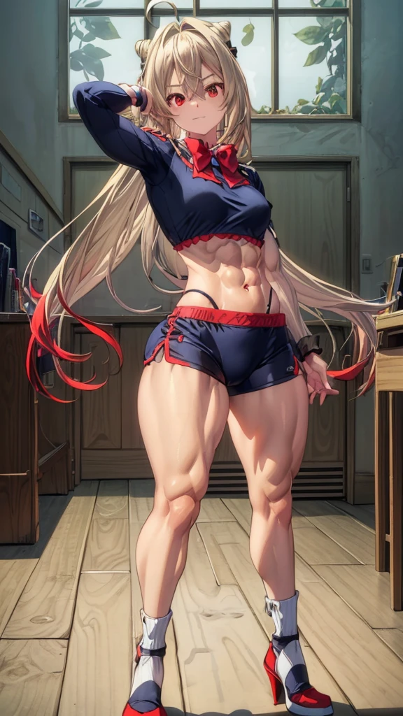 (((1 lolita girl))), when he plows, (Red eyes: 1.5), blond hair, Long hair, conical hair bun, hair ornament, hair shots, Ahoge, fringe, blue bow tie, (Wearing a very sexy and short red bikini), has, (muscular belly), muscular abs, Wide hips, Thin waist, small breasts, (((posing sexy))), wearing black heels, (((standing)) ), {{{Full body photo}}}, Cheerful and funny, REST looking at the viewer , breaking and entering, classroom, interval (masterpiece: 1.2), Best Quality, highest resolution, unity wallpaper 8k, (illustration: 0.8), (beautiful detailed eyes: 1, 6), extremely detailed face, perfect lighting, Extremely detailed CG, (perfect red nails, perfect anatomy), {anatomically correct}