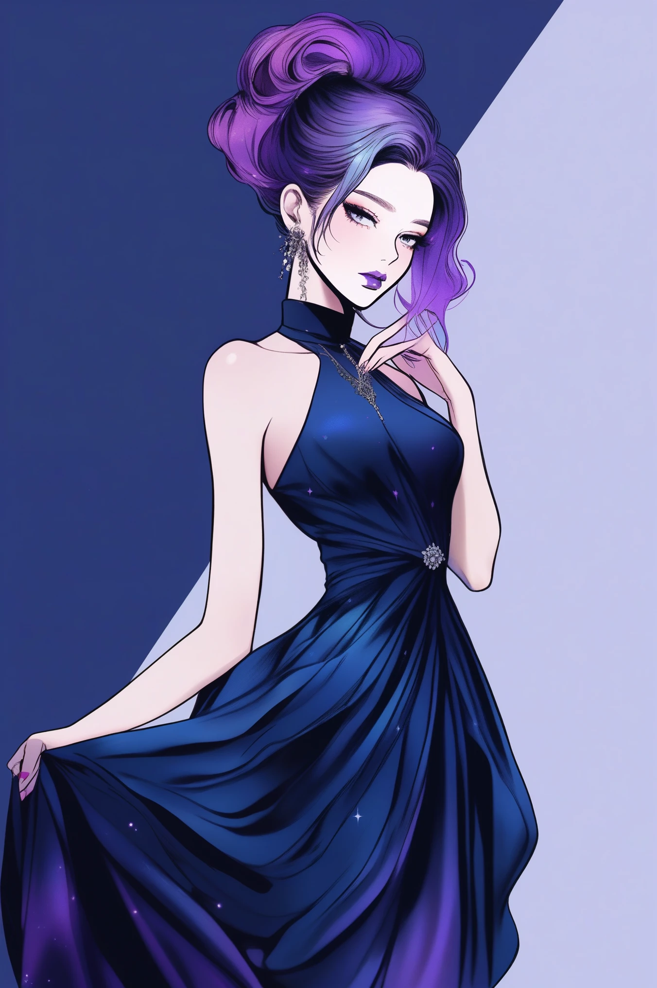 (Best quality, sketch:1.2),realistic,illustrator,anime,1 girl, detailed lips,custom, bad women, details, black and aquamarine gradient background,neon hair,Textured trim, masterpiece, retro classic style, [female mannequin close up, Sexy dress, silk dress, mercury dress, Astral dress, beautiful silky dress, Sexy dress, dark dress, Dark purple clothing, revealing stylish dress, dark Astral dress, soft silk dress, elegant navy blue dress, stylish dark dress, airbrush dark dress, fantasy dress, Baroque dress, extravagant dress] (photographic portrait)