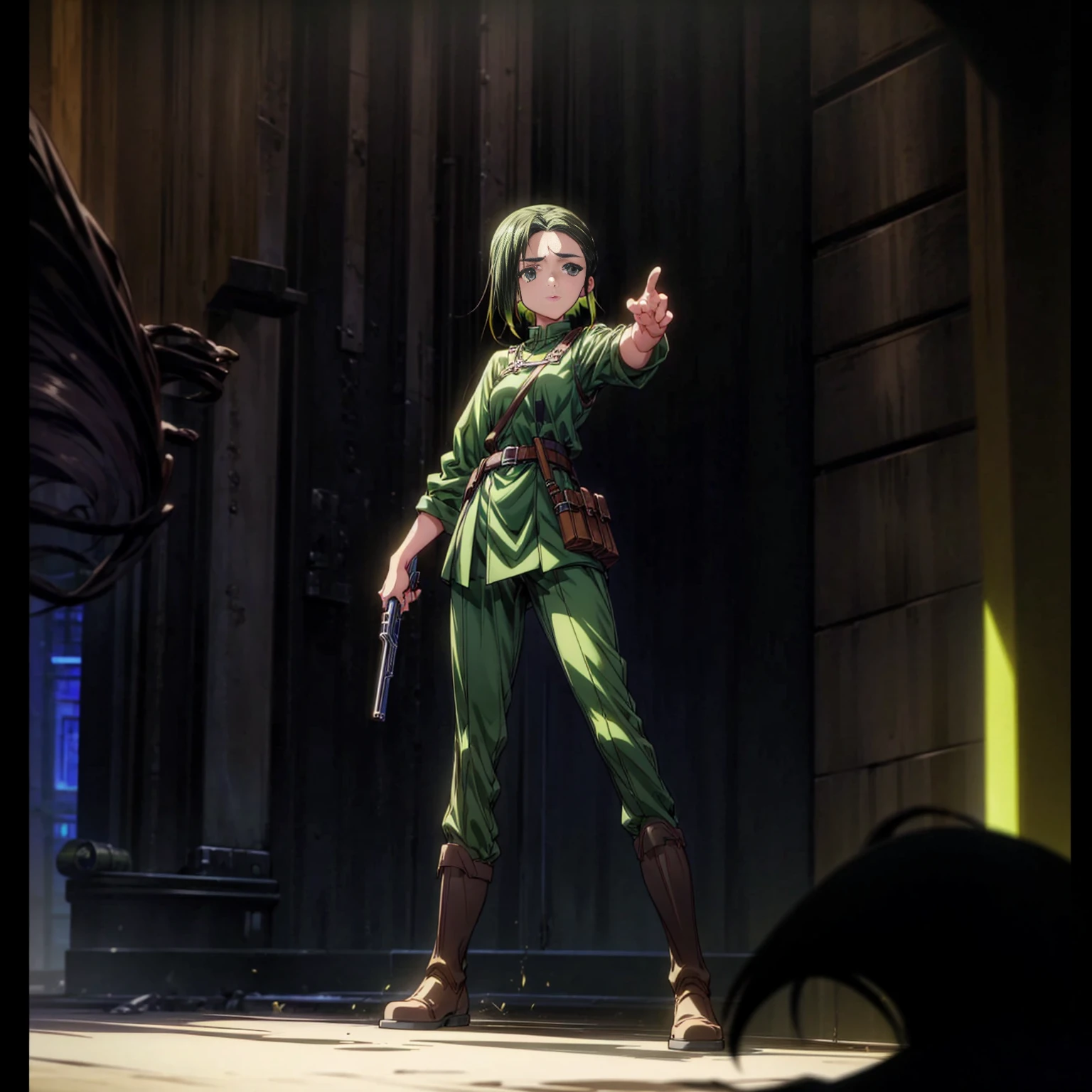 1girl, Full body version, 1character, green eyes, long haircut, green color hair, soldier style clothing, black color clothing, brown boots, Grassroots, background in city street, motion blur, lighting, (detective conan style art), standing gesture, shotgun in hand