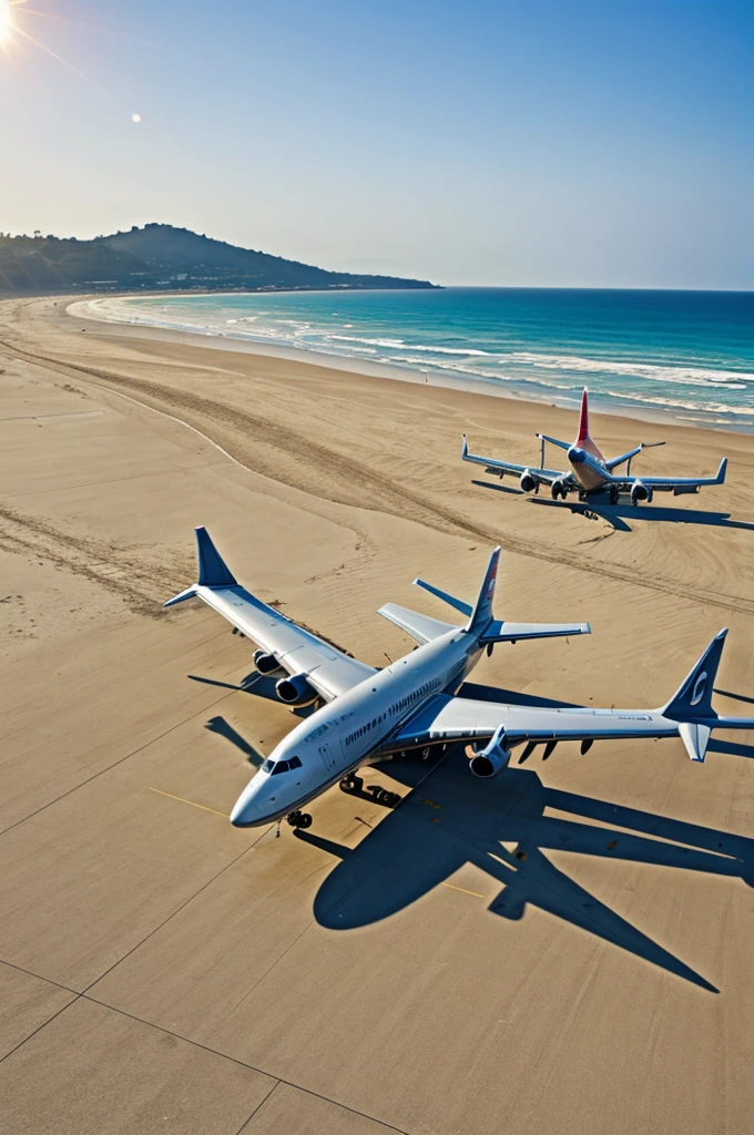 A plane landing on the beach. Boening 747. Realistic image