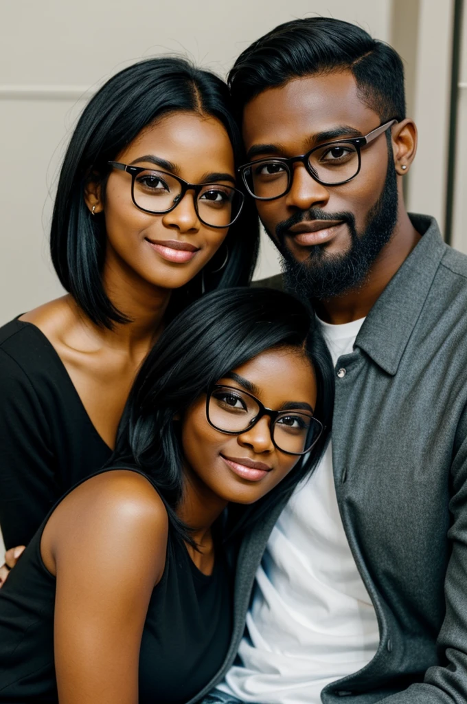 Couple of lovers, dark skin, tall mouth, beard with glasses, she short, long black hair with glasses