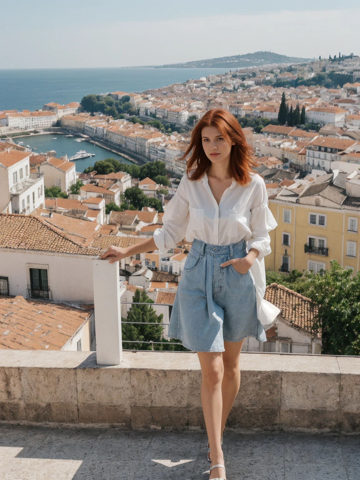 her name is Amelie, high quality, 1girl, ((25-year-old fit Caucasian woman)), ((25 years old)), ((sexy body shape)), ((layered cut auburn HAIR)), pose: standing, wearing Exclusive Fashion-forward Generation-Z modern wear different colored, BACKGROUND:"Lived in the picturesque streets of Lisbon, with its colorful tiles, historic trams, and stunning views from hilltop miradouros."