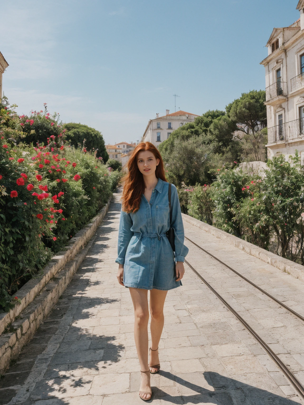 her name is Amelie, high quality, 1girl, ((25-year-old fit Caucasian woman)), ((25 years old)), ((sexy body shape)), ((layered cut auburn HAIR)), pose: standing, wearing Exclusive Fashion-forward Generation-Z modern wear different colored, BACKGROUND:"Lived in the picturesque streets of Lisbon, with its colorful tiles, historic trams, and stunning views from hilltop miradouros."