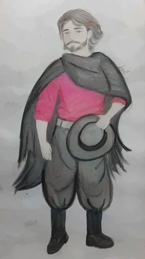 desenho de um nativo Gaucho, homem com red shirt, bomber pants, Gaucho, black poncho scarf, hat and beard, red shirt, with your black hair, water colour, pastel art, colourful drawing, colored pencil drawing
