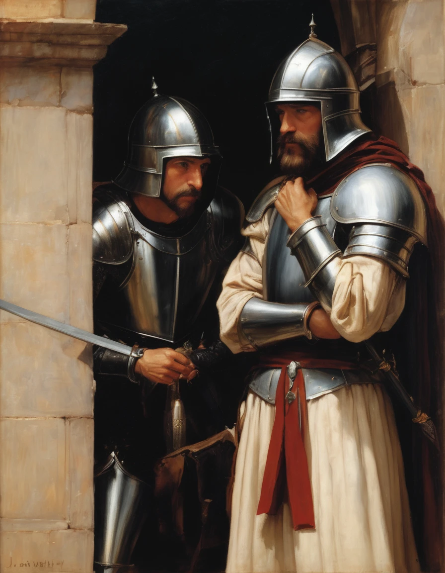 ((Masterpiece, best quality, oil painting)), (by John William Waterhouse, by J. C. Leyendecker), (((half body portrait of 2 men, bored and frustrated knights, blushing, flirting and leaning lustfully while spying on someone through a hole in a wall))).