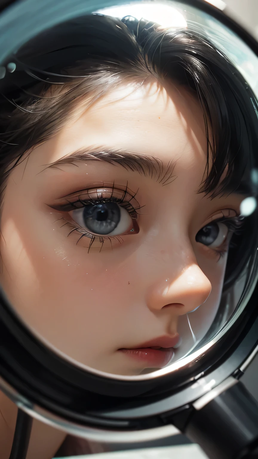 A close-up view of a magnifying glass focusing on a person’s eye, capturing the intricate details of the iris.