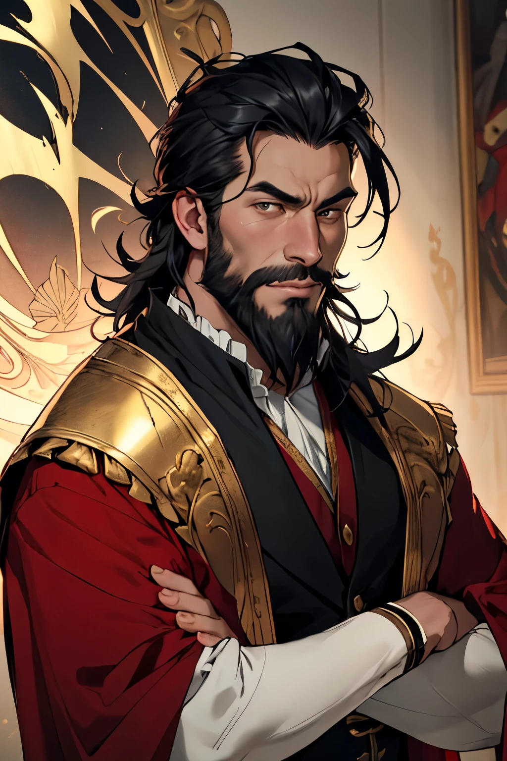 man, 50 years, high, muscular, black hair, black eyes, an aristocratическая одежда, rough facial features, beard, an aristocrat, gold elements on clothes, black and red clothes