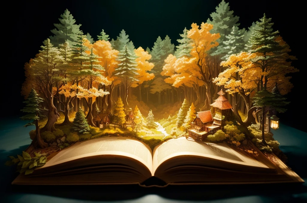 an open book with a forest scene on it sitting on a table, story book realism, story book art, in picturesque forest diorama, fantasy book, detailed book illustration, story book wide shot :: High definition, story book, complex history, the art of books, fantasy book illustration, story book, open the shining magic book, an open book, enchanted and magical forest