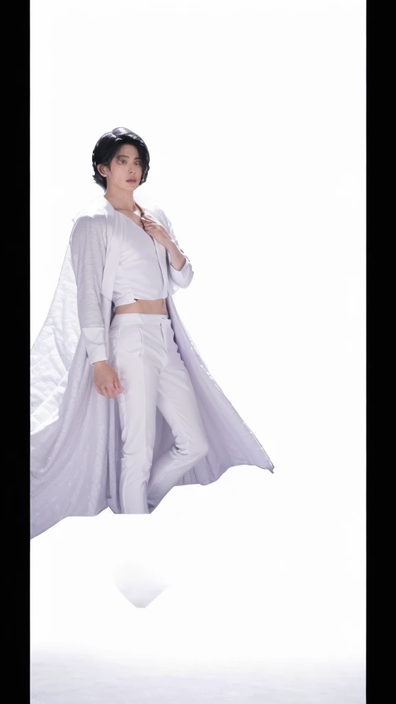 (absurdres, highres, ultra detailed, HDR), sailor cosmos male version, masterpiece, best quality, "Sailor moon cosmos guardians" Character handsome boy in white and purple outfit, long down pony tail hair, wearing long white cape, white hair, white top, white pants with white bots, in hands universe moon white wings scepter, long scepter, in his forehead gold moon symbol, White gloves up to his elbows, with full body, realistic picture, handsome boy, 