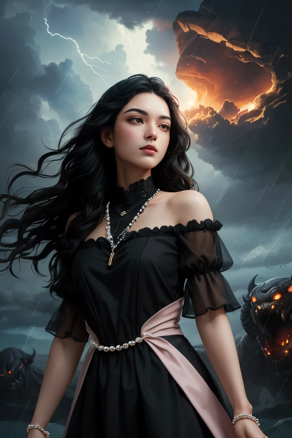((best quality)), ((masterpiece)), (detailed), A digital illustration of a young woman with long black hair wearing a peach color dress and a pearl locket, surrounded by dark storm clouds and monsters with a word "Jimni girl" written in the center of the image.