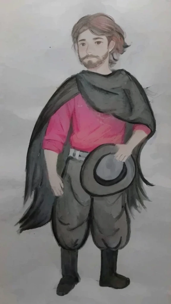 desenho de um nativo Gaucho, homem com red shirt, bomber pants, Gaucho, black poncho scarf, hat and beard, red shirt, with your black hair, water colour, pastel art, colourful drawing, colored pencil drawing