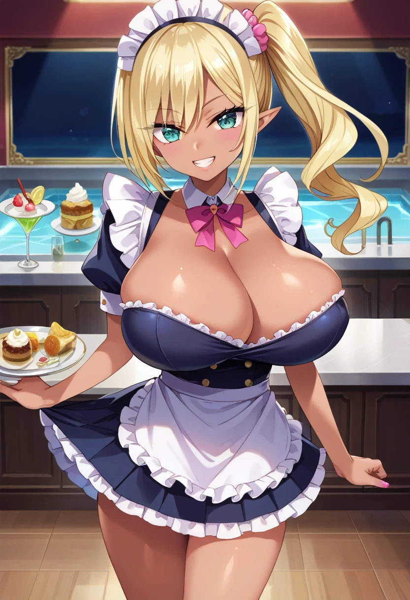 Score_9, score_8_up, 4k, 8k, detailed face, source_anime, artstation, grandeur, intricate-details, depth-of-view, flatshading, BREAK
1girl, gyaru, pointy ears, blonde hair, side ponytail, maid, tanned skin, huge breasts, smooth skin, short skirt, rating_questionable