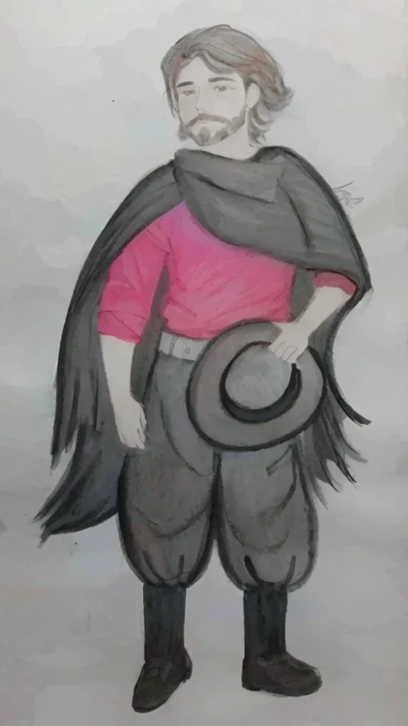 desenho de um nativo Gaucho, homem com red shirt, bomber pants, Gaucho, black poncho scarf, hat and beard, red shirt, with your black hair, water colour, pastel art, colourful drawing, colored pencil drawing