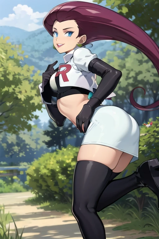 (masterpiece, best quality, detailed), 1girl, solo, looking at viewer, EPpkJessie, long hair, blue eyes, purple hair, hair slicked back, white jacket, cropped jacket, earrings, elbow gloves, gloves, white jacket, jewelry, lipstick, makeup, no shirt, skirt, team rocket, team rocket uniform, thigh boots, from below, no panties, evil laugh, smile, parted lips, outdoors, forest, nature, tree, leaf, night, dark, rock, skin tight, stepped on, leaning forward, hanging breasts, perspective, midriff