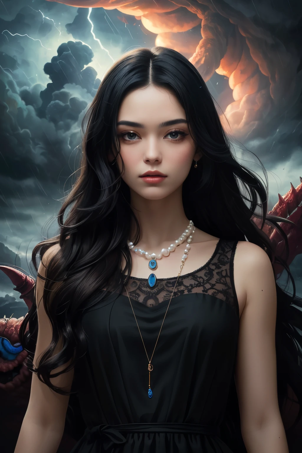 ((best quality)), ((masterpiece)), (detailed), A digital illustration of a young woman with long black hair wearing a peach color dress and a pearl locket, surrounded by dark storm clouds and monsters with a word "Jimni girl" written in the center of the image.