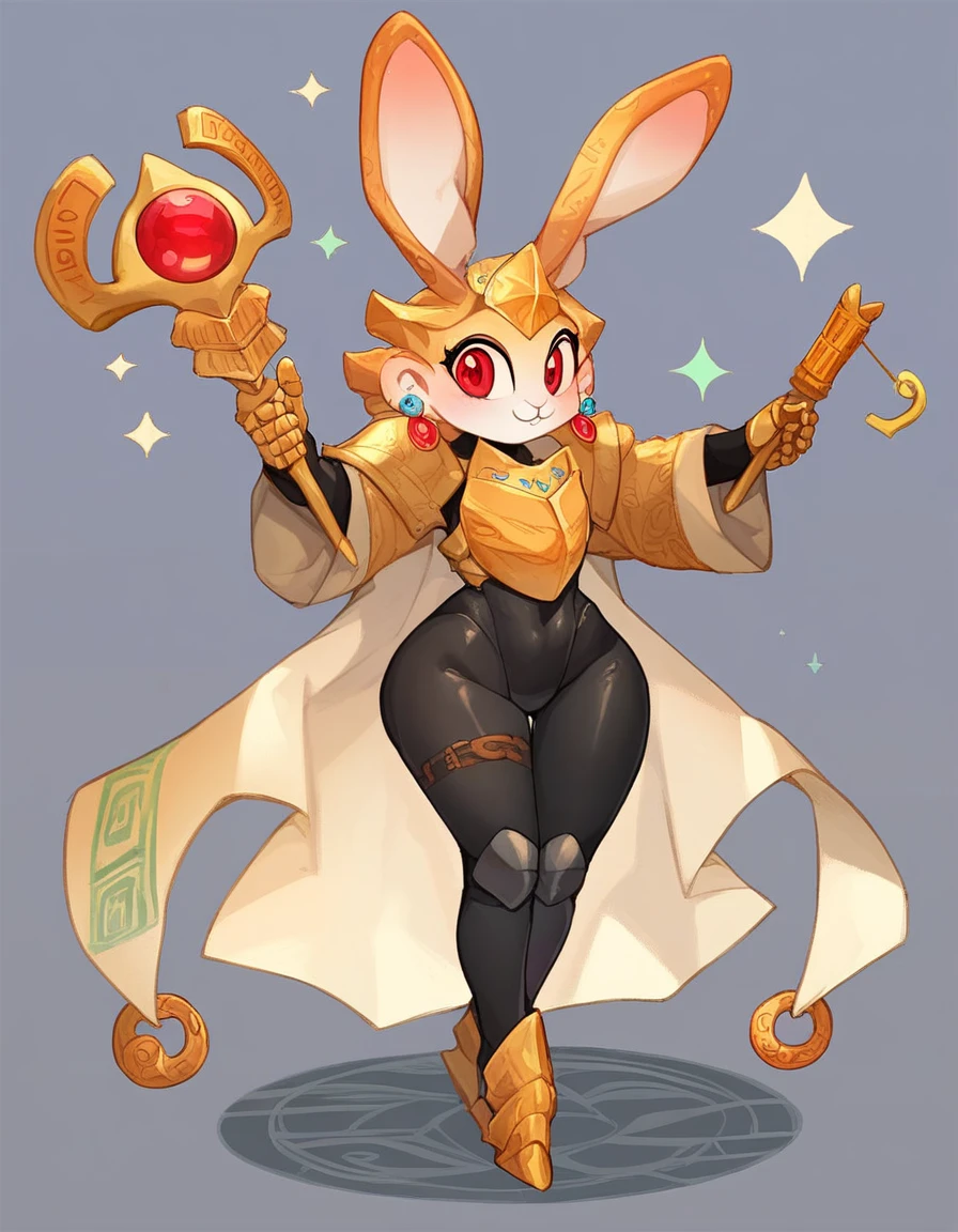 ((masterpiece)),(((Best quality))), full body, Tall slender girl, (Pale strong body:1.7), Amber Wizard, Robe with Arcane Glyphs, Mysterious glyphs cover the mantle, wide hips, broad shoulders, (Body, black tight armored clothing;:1.4), (bunny face:1.5) , (red expressive eyes), Earrings, source_anime,simple background, (blushing:0.5),