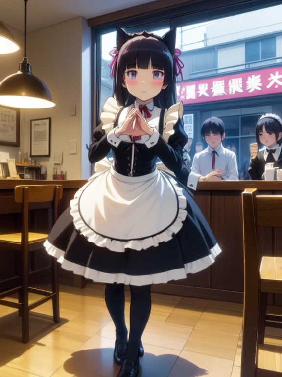 (masterpiece, Highest quality),  (ruri gokou), blush, Black Hair, Mole, Mole under eye, One Girl, Long Hair, Hime cut, (((maid Cafe))), ((Heart Hands)), ((Maid clothes, Cat ear, A girl in a costume is standing)), stockings, Black Tail, (apronスカート), Midi Skirt, stockings, apron, Frills, ribbon, collar, cuffs, Food on the table, Several boys sitting on chairs, indoor, Windows, reflection, Second floor, Colorful signs in Akihabara, full body