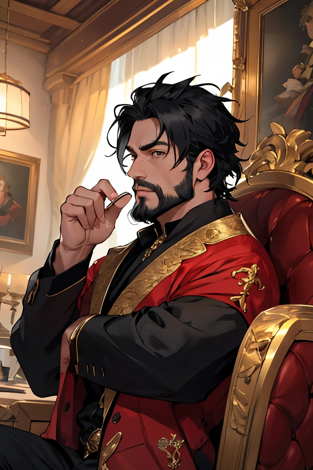 woman, 50 years, high, muscular, black hair, black eyes, an aristocratическая одежда, rough facial features, beard, an aristocrat, gold elements on clothes, black and red clothes,
