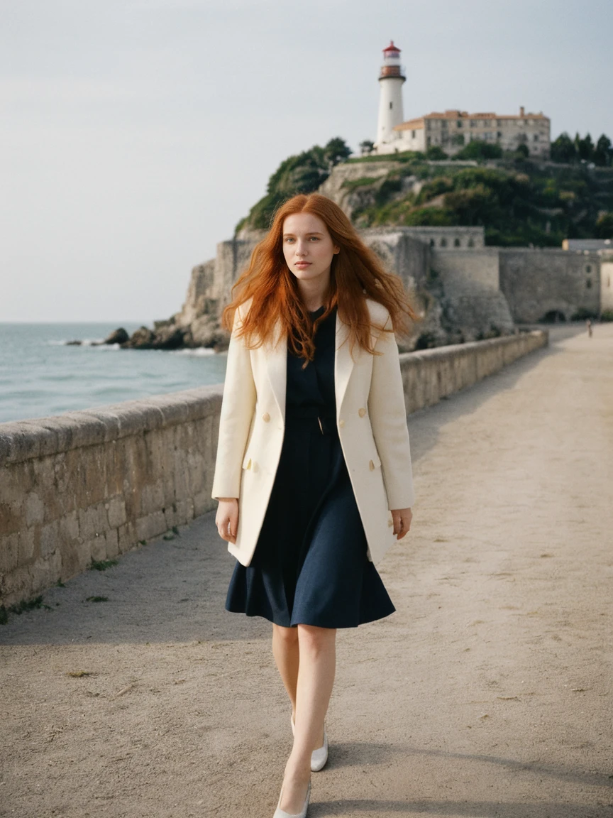 her name is Amelie, high quality, 1girl, ((25-year-old fit Caucasian woman)), ((Caucasian body)) ,((25 years old)), ((fit )), ((long auburn hair)), pose: standing, wearing fashionable Generation-Z modern wear different colored, BACKGROUND: "Walking along the Grande Plage, with its beautiful coastline and historic lighthouse."