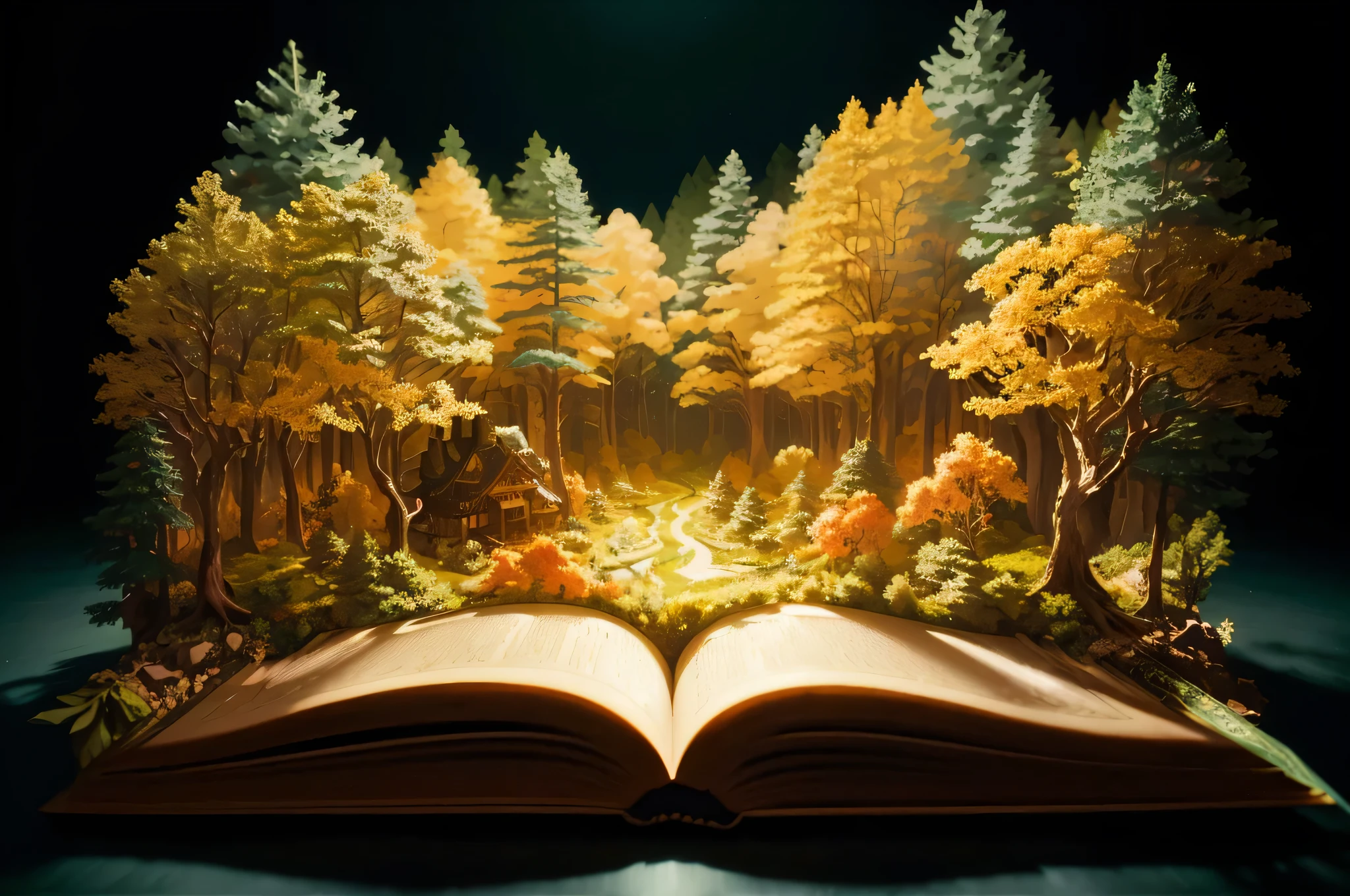 an open book with a forest scene on it sitting on a table, story book realism, story book art, in picturesque forest diorama, fantasy book, detailed book illustration, story book wide shot :: High definition, story book, complex history, the art of books, fantasy book illustration, story book, open the shining magic book, an open book, enchanted and magical forest