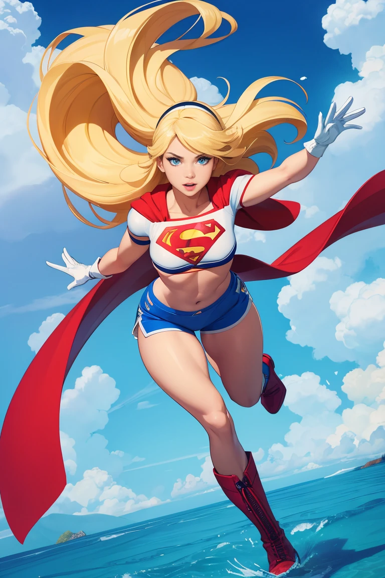 Supergirl,1girl,long blonde hair,hair band,white crop top,dolphin shorts, whitegloves,boots, floating in the clouds, large breasts, half shirt showing bottom halves of her breasts, dynamic, sexy, slutty