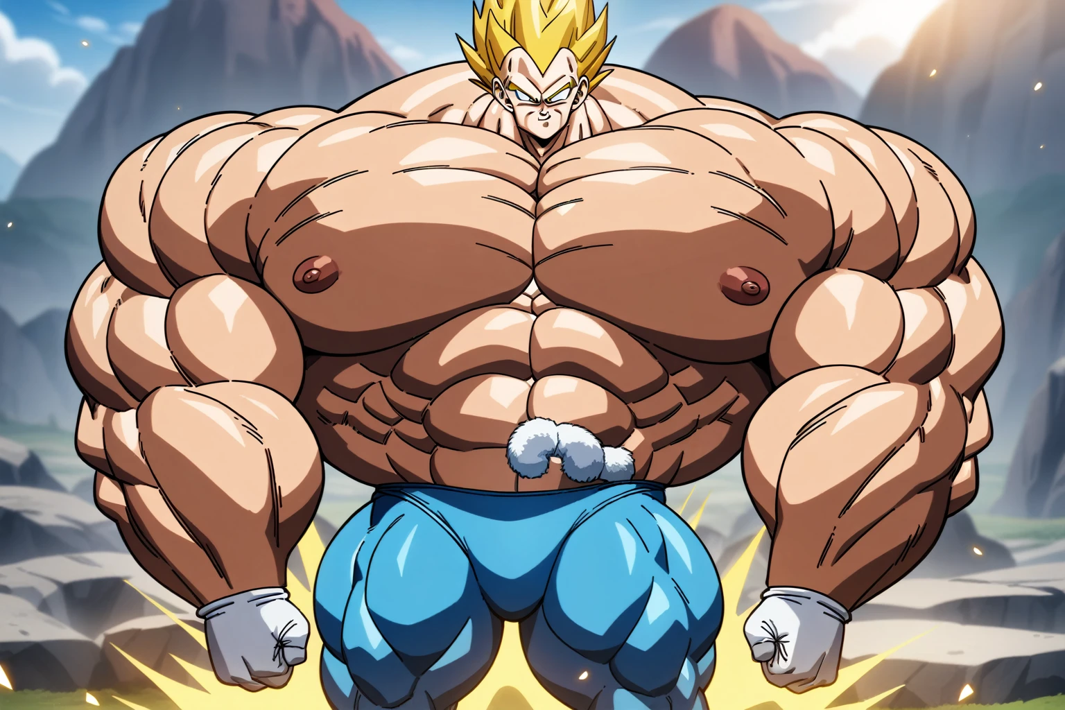 1boy, Vegeta, from Dragon Ball Z, masterpiece, best quality, very aesthetic, absurdres, saiyan, green eyes, spiked hair, (yellow hair:1.5), shirtless, blue skintight pants, white gloves, (huge muscles:2.5), dragonballartstyle, in the style of Akira Toriyama, white tiled floor, outdoors, flat-top mountains, nipples, yellow aura, electricity