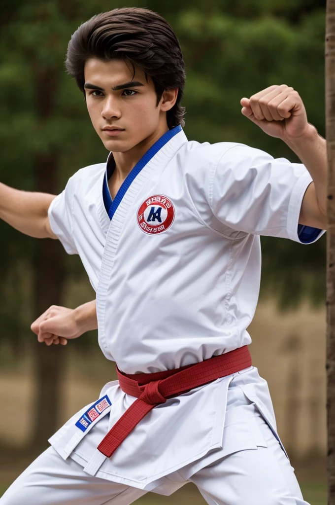 A boy about 20 years old in a karate uniform, his skin is white and his hair is long like a crest but cooler.