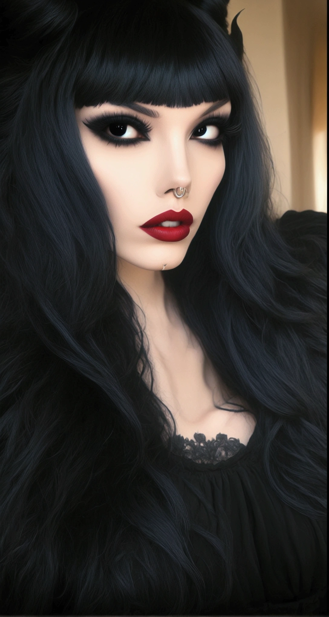 arafed woman with black hair and red lipstick posing for a picture, dark hair and makeup, long raven hair, wonderful dark hair, dark black hair, wearing goth makeup, pale goth beauty, dark hair, raven black hair, gothic makeup, goth woman, dark goth queen, portrait of a dark goddess, goth makeup, gothic face, dark long hair, dark lipstick
