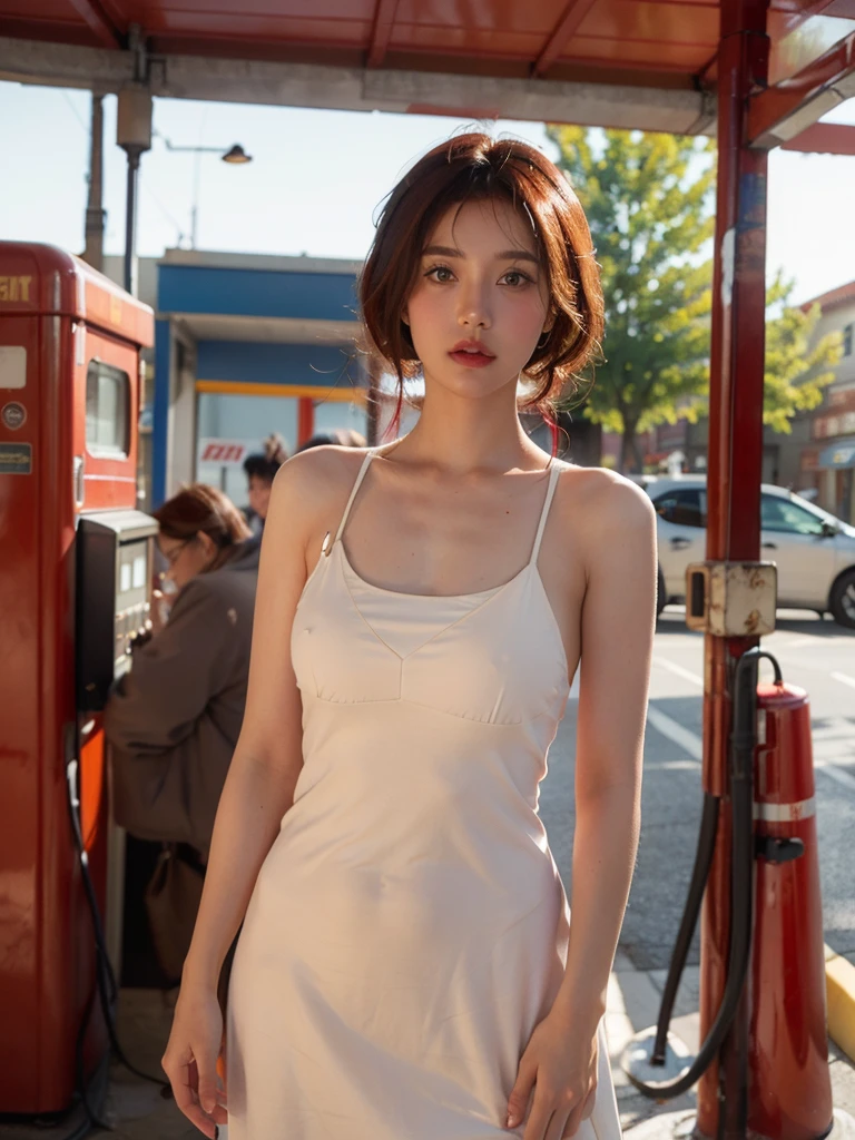 full body shot, Best quality, 20y, (chubby:1.2), 1girl, kazakh, wearing bohemian woolen dress, big breast, (sexy:1.2) (redhead:1.2), hair blowing in the wind, moody, dep shadow, low key, posing in gas station, (perfect object:1.2), kodacrhome, (cinematic lighting:1.3), (ultra highres;1.3), highly detailed:1.3), masterpiece, sharp focus, beautiful film bokeh, surreal view, candid style, shot by zenit camera with 35mm lens, Portrait by annie leibovitz