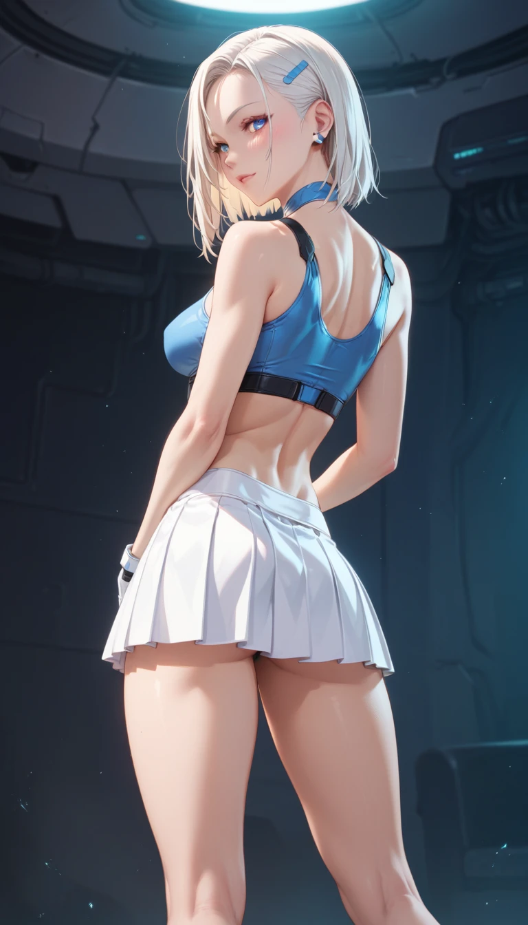 woman standing in front of the counter, White Skirt, barechest, Futuristic Fashion, Futuristic Cyber Clothing, Futuristic clothing, mini skirt, Futuristic clothing装, Futuristic tech wear, Chrome's Outfit, Futuristic Style