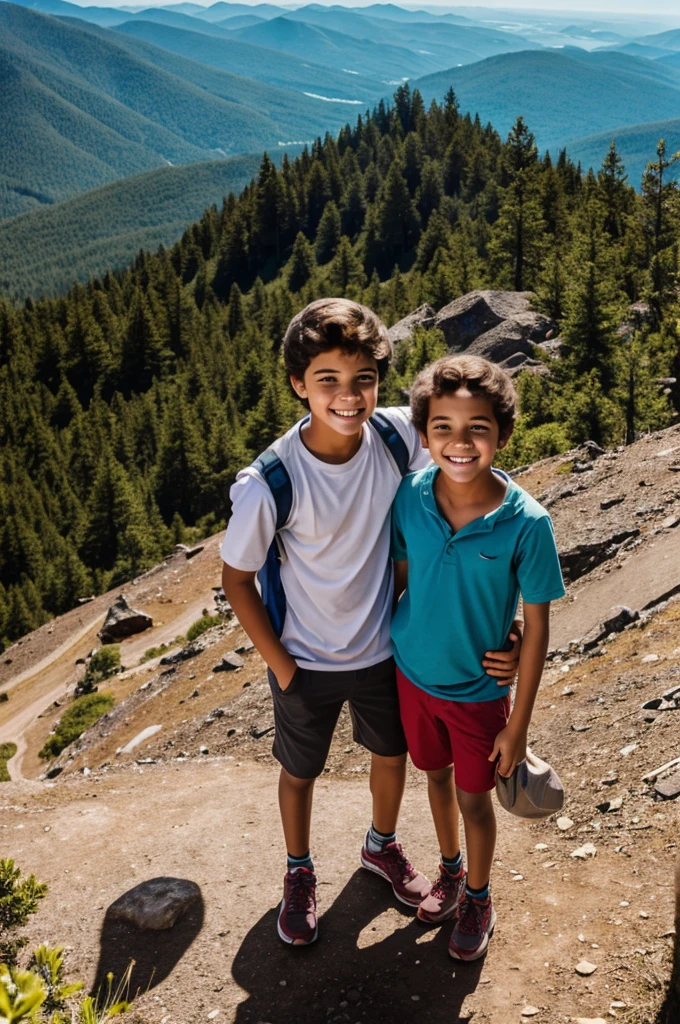 A beautiful boy and his small sister in his hand standing on the mountain laughing together