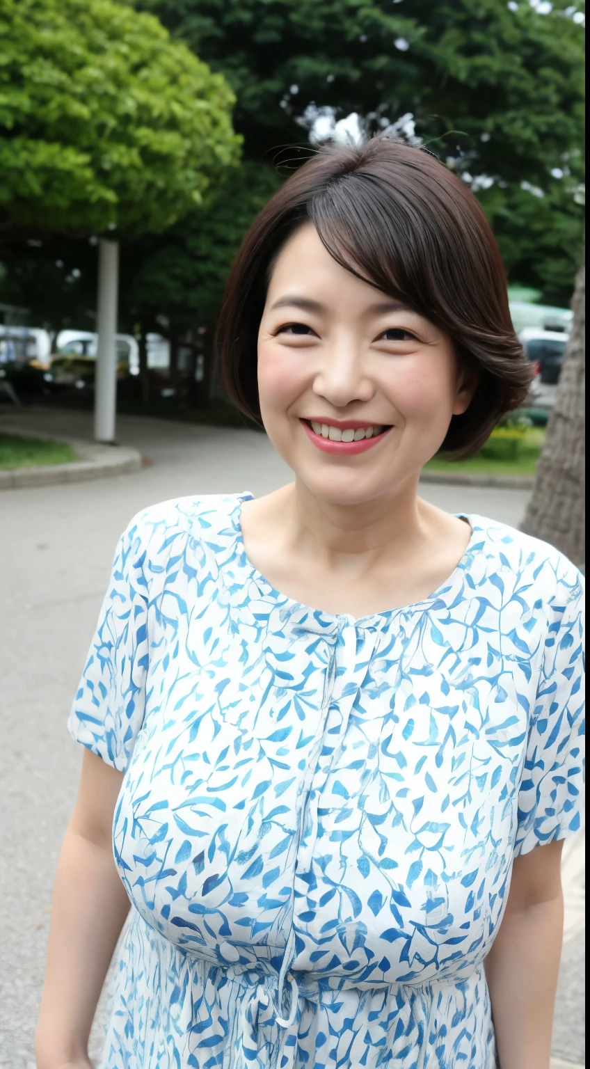 (highest quality,4K,超A high resolution:1.2),(Full body View、Japanese women, Beautiful Mature Woman, Cute Mature Woman、short hair,),(smile),(50-year-old woman)), Fine lines, Detailed skin texture),(Huge breasts:1.4),Blue fitted dress,