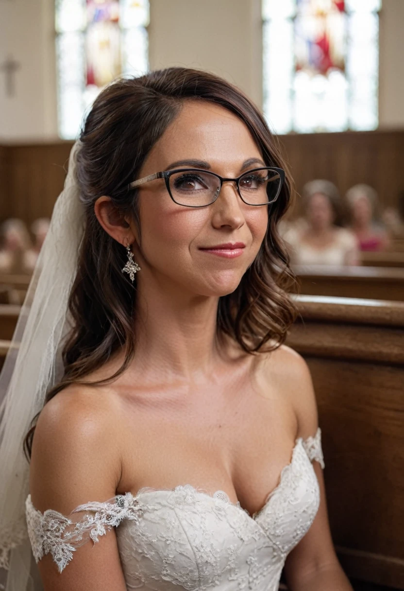 Lauren Boebert, 35 year old woman, Christian woman, glasses, brown eyes, beautiful hair, wrinkles under eyes, wedding dress, lace, off shoulder, cleavage, sitting in church pew, bokeh,f1.4,40mm,photorealistic,raw,8k,skin pores,dried-up,textured skin,intricate details,dramatic light,award winning,style by Dan Winters,RAW photography,film grain,(indistinguishable from reality:1.4),photo taken with a Bolex H16,captivating eyes,smiling,charming,striking features,character,thorough,