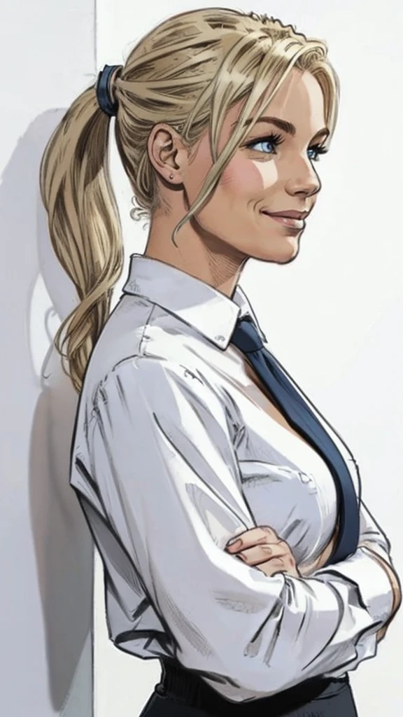 woman looks at viewer, style marvel comics, full side view, smile, detailed eyes, arms crossed over her chest, Hair in a ponytail, blonde hair,  ((([topless, perfect fake breast, perfect small perky nipples]))), gray pants. White background