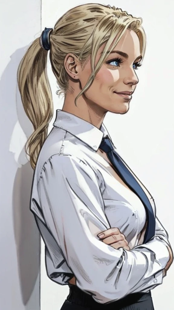 woman looks at viewer, style marvel comics, full side view, smile, detailed eyes, arms crossed over her chest, Hair in a ponytail, blonde hair,  ((([topless, perfect fake breast, perfect small perky nipples]))), gray pants. White background