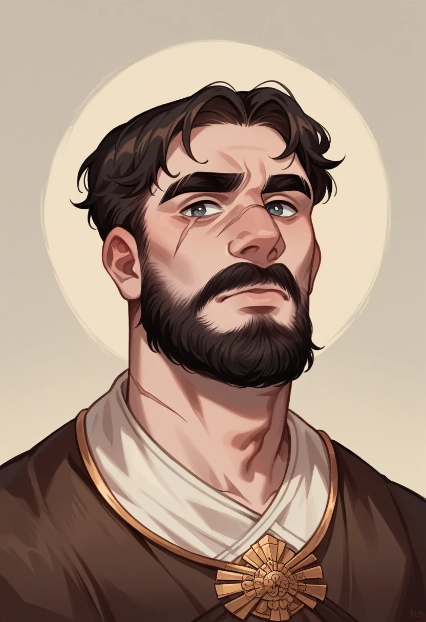 dressed in medieval merchant's clothing, Male, Human, 19 years old, mesomorphic body, pale skin, chestnut hair, medium hair length, ordinary hairstyle, square face shape, almond eyes, full lips, medium eyebrows, high arch eyebrows shape, large nose size, Roman nose shape, short beard, scar.