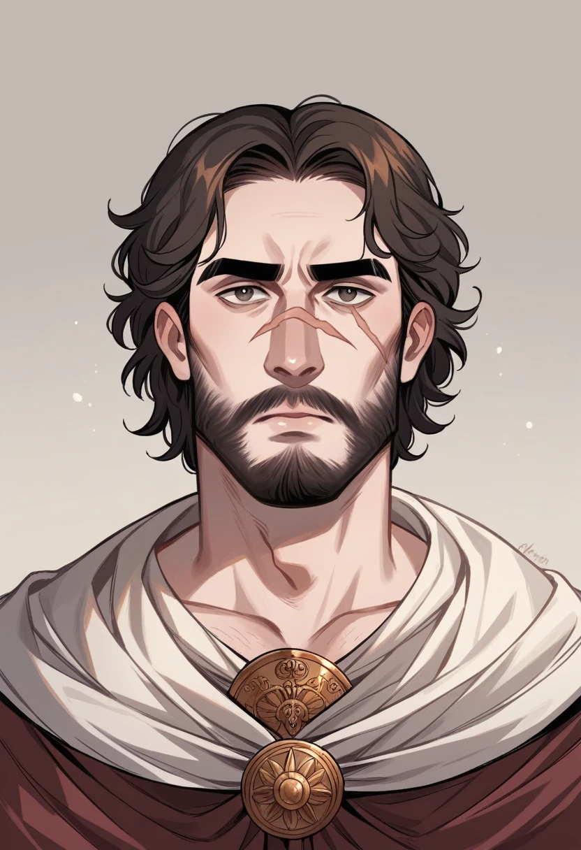 dressed in medieval merchant's clothing, Male, Human, 19 years old, mesomorphic body, pale skin, chestnut hair, medium hair length, ordinary hairstyle, square face shape, almond eyes, full lips, medium eyebrows, high arch eyebrows shape, large nose size, Roman nose shape, short beard, scar.