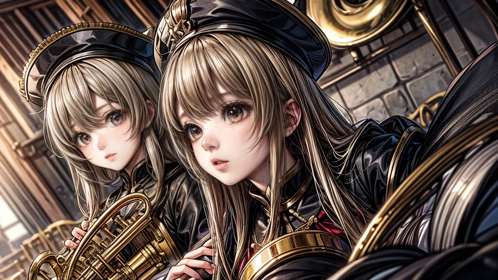 of the highest quality、Masterpiece、anime girl、brass band club、play the Claxon、serious face、Upper part of the body、by ocher