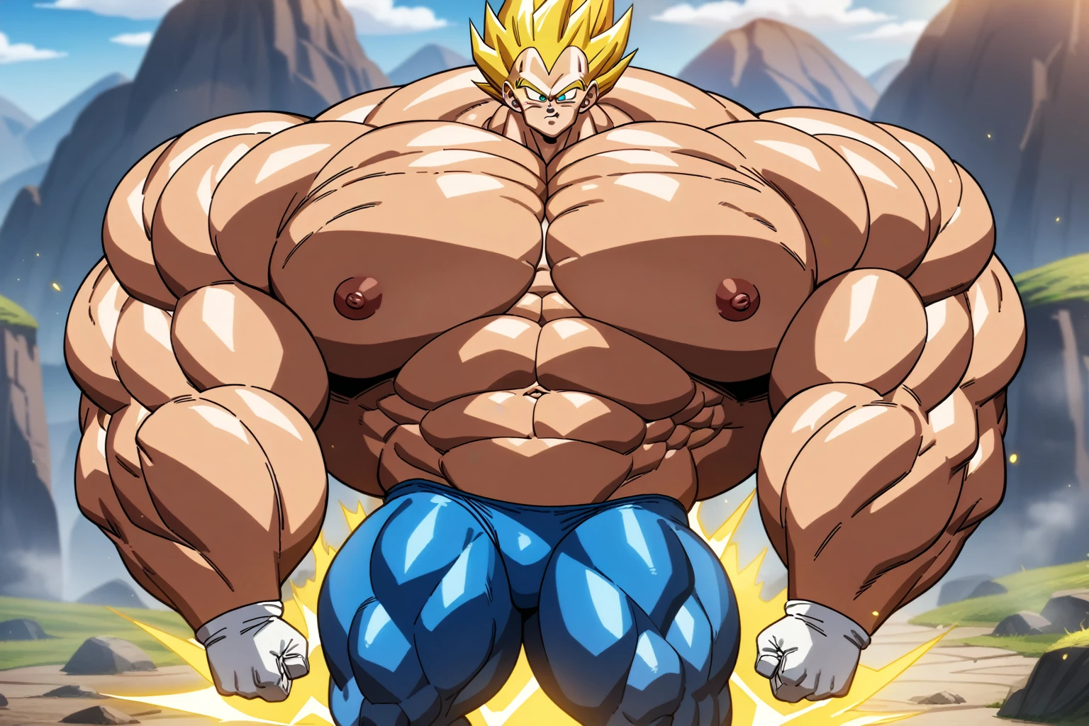 1boy, Vegeta, from Dragon Ball Z, masterpiece, best quality, very aesthetic, absurdres, saiyan, green eyes, spiked hair, (yellow hair:1.5), shirtless, blue skintight pants, white gloves, (huge muscles:2.5), dragonballartstyle, in the style of Akira Toriyama, white tiled floor, outdoors, flat-top mountains, nipples, yellow aura, electricity