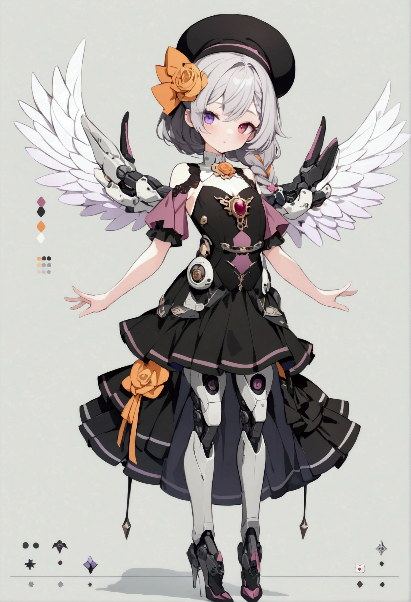 woman 160 cm tall, slim build, , charming look, ((heterocromia: look like, derecho naranja y look like izquierdo violeta)), (Shoulder Length Wavy Gray Hair, He has a short braid on the left side of his hair., big open bangs, has a gear hairpin on the left side of the hair), (((complex mechanical legs up to the hip, The legs are black with gray parts with small pink details))), (((complex mechanical arms up to the elbows, The arms are black with gray parts with small pink details))), (complex mechanical angel wings of white color with dark gray parts), (elegant black French beret with an orange rose ribbon), (elegant thigh-length one-piece dress, short bell skirt, short sleeves, elegant black hip belt with orange parts, small rose brooch in the middle of the chest, beautiful mechanical stiletto heels, blue and black ribbon decorations on the dress, small gears on the skirt of the dress), (((character design sheet: Front view))), (((full body))), extremely detailed beautiful hair, beautiful detailed dress, extremely detailed arms, extremely detailed face, (Extremely detailed hands), perfect hands, small face, hermosos look likes detallados, beautiful detailed lips, adorable, extremely detailed legs, (Best Quality, 8k, Ultra resolution), ultra detailed, Exquisite and epic character art, ((White background)), (Focus on symmetry).