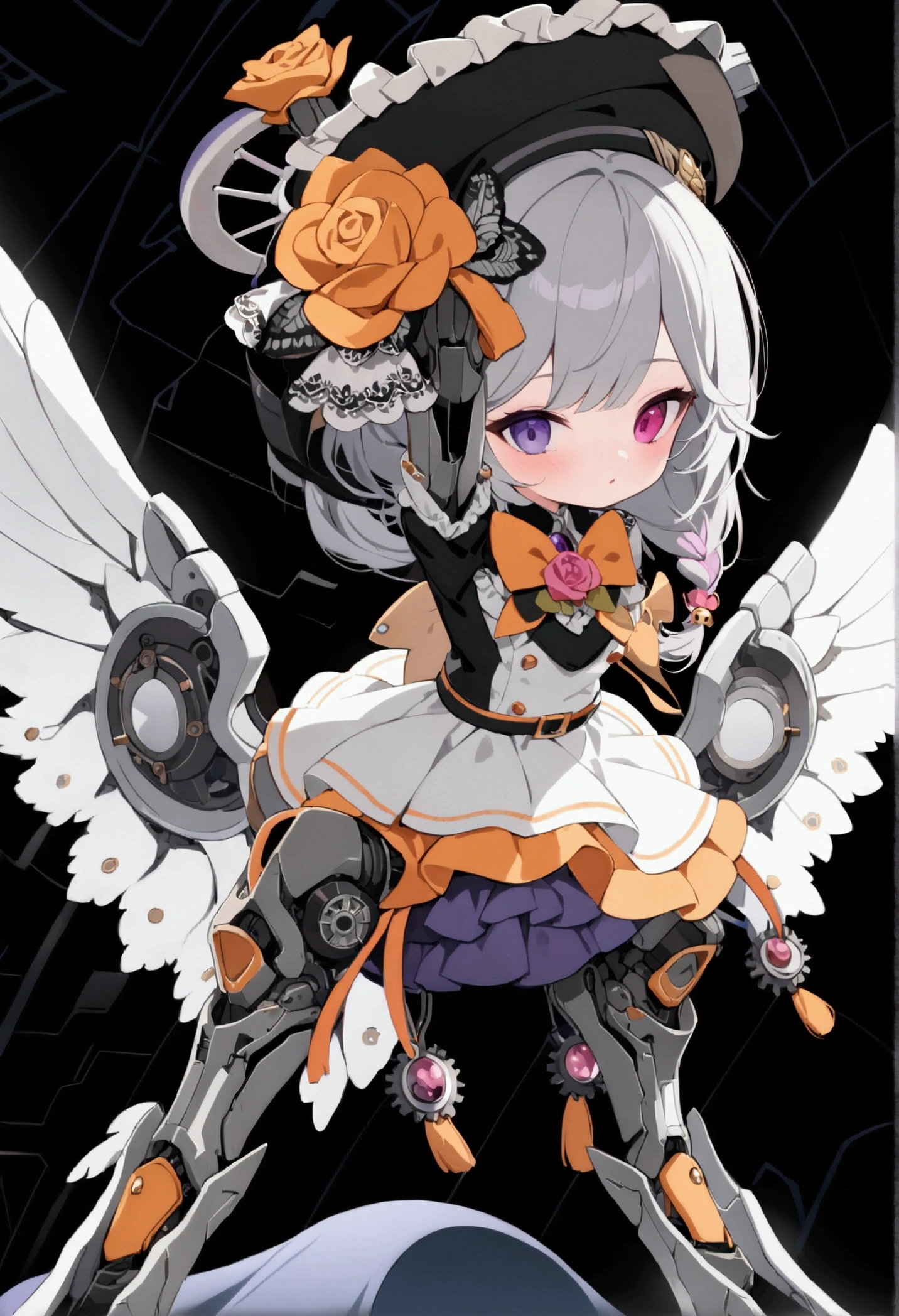 woman 160 cm tall, slim build, , charming look, ((heterocromia: look like, derecho naranja y look like izquierdo violeta)), (Shoulder Length Wavy Gray Hair, He has a short braid on the left side of his hair., big open bangs, has a gear hairpin on the left side of the hair), (((complex mechanical legs up to the hip, The legs are black with gray parts with small pink details))), (((complex mechanical arms up to the elbows, The arms are black with gray parts with small pink details))), (complex mechanical angel wings of white color with dark gray parts), (elegant black French beret with an orange rose ribbon), (elegant thigh-length one-piece dress, short bell skirt, short sleeves, elegant black hip belt with orange parts, small rose brooch in the middle of the chest, beautiful mechanical stiletto heels, blue and black ribbon decorations on the dress, small gears on the skirt of the dress), (((character design sheet: Front view))), (((full body))), extremely detailed beautiful hair, beautiful detailed dress, extremely detailed arms, extremely detailed face, (Extremely detailed hands), perfect hands, small face, hermosos look likes detallados, beautiful detailed lips, adorable, extremely detailed legs, (Best Quality, 8k, Ultra resolution), ultra detailed, Exquisite and epic character art, ((White background)), (Focus on symmetry).