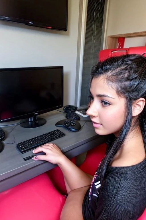 Gamer girl plays a game, and her boyfriend and his friend fuck her