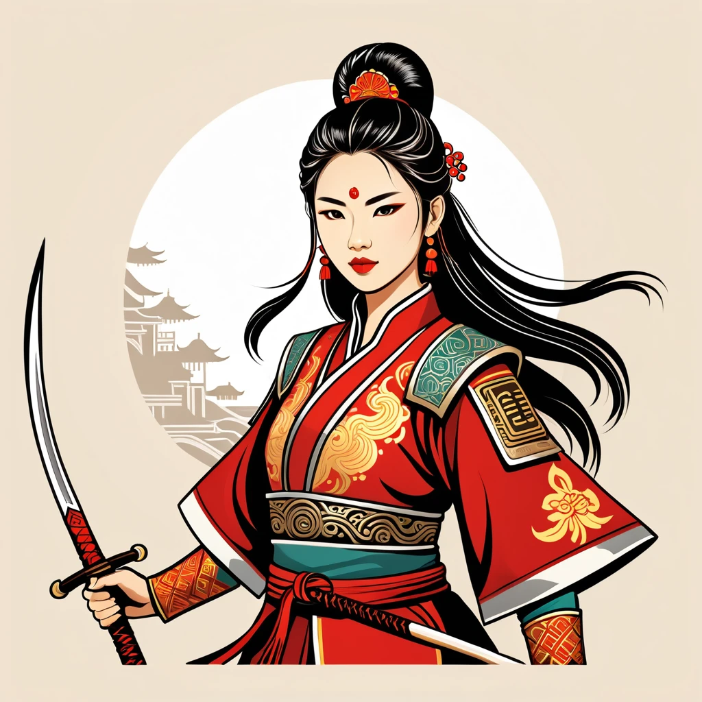 female warrior in chinese folk outfit, vector graphics, strong contours, logo design