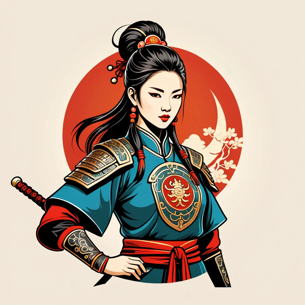 female warrior in chinese folk outfit, vector graphics, strong contours, logo design
