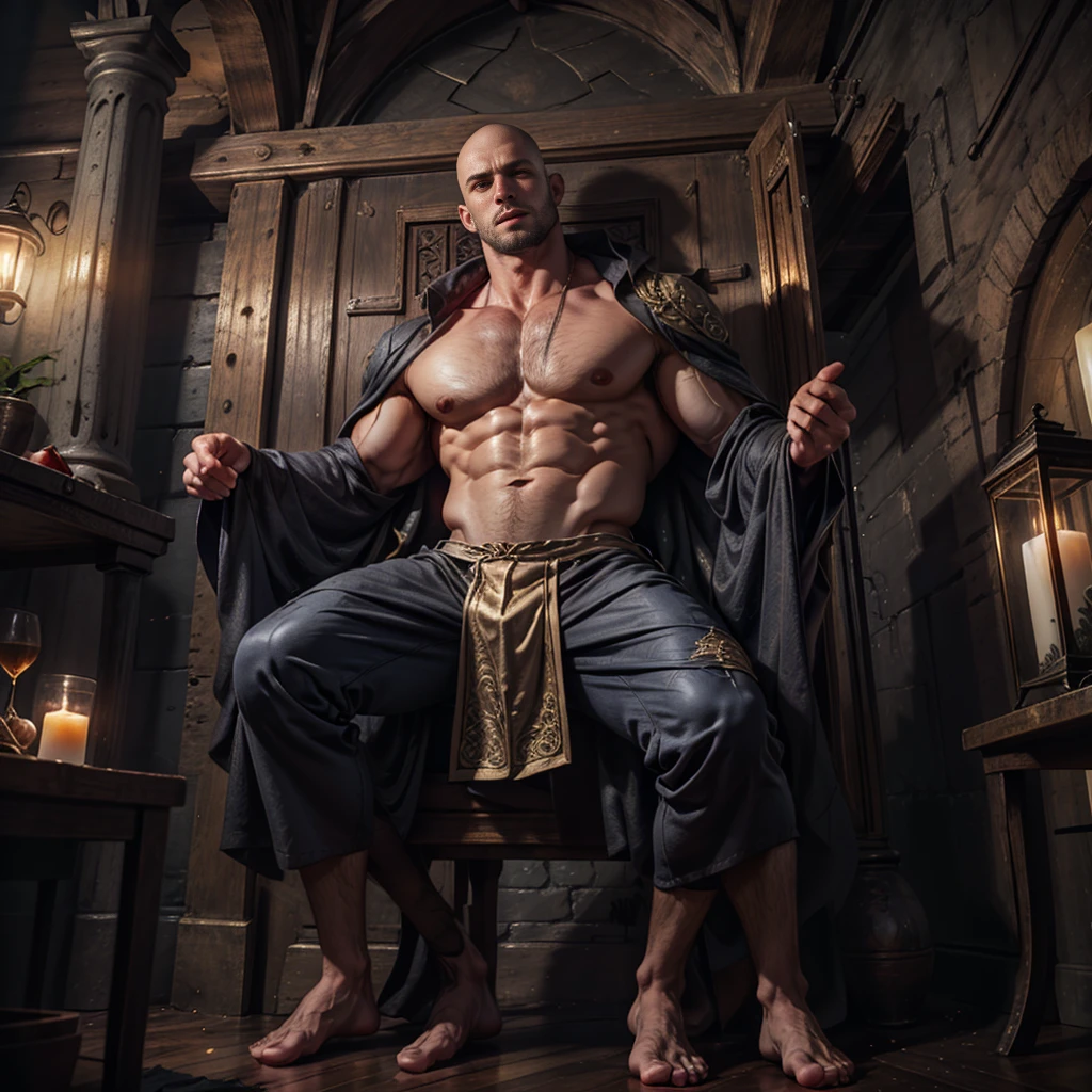 In the background, above, near the ceiling at a very far distance from the man, there is a real giant spider resting in its web looking at the man, one person, 1 man, photorealistic portrait of a character including a full body image, physique huge and muscular, handsome, very tall, bald, shaves his head, American. pale skin, white skin, distant shot, naked man dressed in Arabian Nights costume, huge thighs, muscular chest and shoulders, elaborate kimono style skirt, blue red gold swimsuits, magical symbol woven with gold thread on His clothes, action hero, intricate and detailed drawing. In the background, above, near the ceiling at a very far distance from the man, there is a real giant spider resting in its web looking at the man, the setting is gloomy and castle-like.