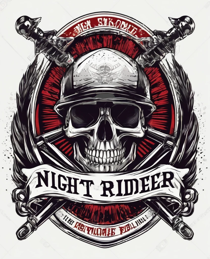 t-shirt design, Fully editable vector illustration biker skull, text logo: NIGHT RIDER, emblem isolated on white background, image suitable for badge, insignia, crest, badge, patch, tattoo or t-shirt design