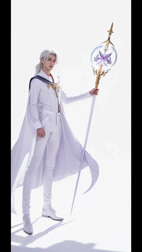 (absurdres, highres, ultra detailed, HDR), sailor cosmos male version, masterpiece, best quality, "Sailor moon cosmos guardians" Character handsome boy in white and purple outfit, long down pony tail hair, wearing long white cape, white hair, white top, white pants with white bots, in hands universe moon white wings scepter, long scepter, in his forehead gold moon symbol, White gloves up to his elbows, with full body, realistic picture, handsome boy, male, white hair male guardian