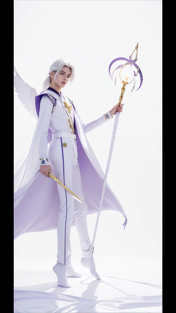 (absurdres, highres, ultra detailed, HDR), sailor cosmos male version, masterpiece, best quality, "Sailor moon cosmos guardians" Character handsome boy in white and purple outfit, long down pony tail hair, wearing long white cape, white hair, white top, white pants with white bots, in hands universe moon white wings scepter, long scepter, in his forehead gold moon symbol, White gloves up to his elbows, with full body, realistic picture, handsome boy, male, white hair male guardian