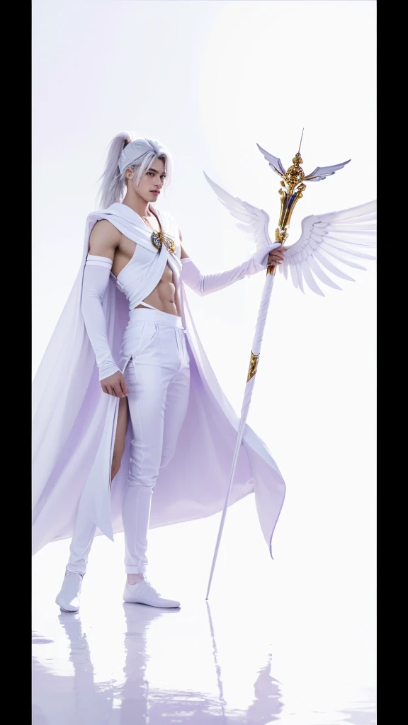 Photo of a man wearing cupid costume, (white hair), wings, flying, halo, (white toga robe), red scarf, armor, (surrounded by clouds), ethereal, (seductive smile:0.6), from side, realistic, masterpiece, intricate details, detailed background, depth of field