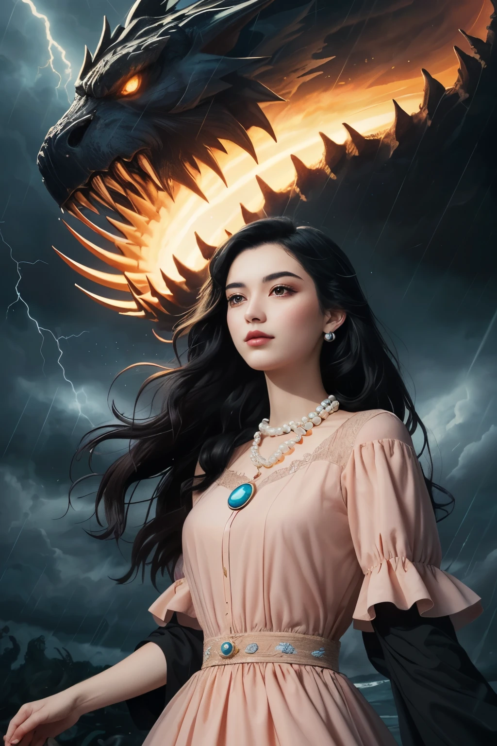 ((best quality)), ((masterpiece)), (detailed), A digital illustration of a young woman in peach color dress with long black hair wearing a pearl locket surrounded by dark storm clouds and monsters. She has a positive energy above her and a word Jimni girl is written at center